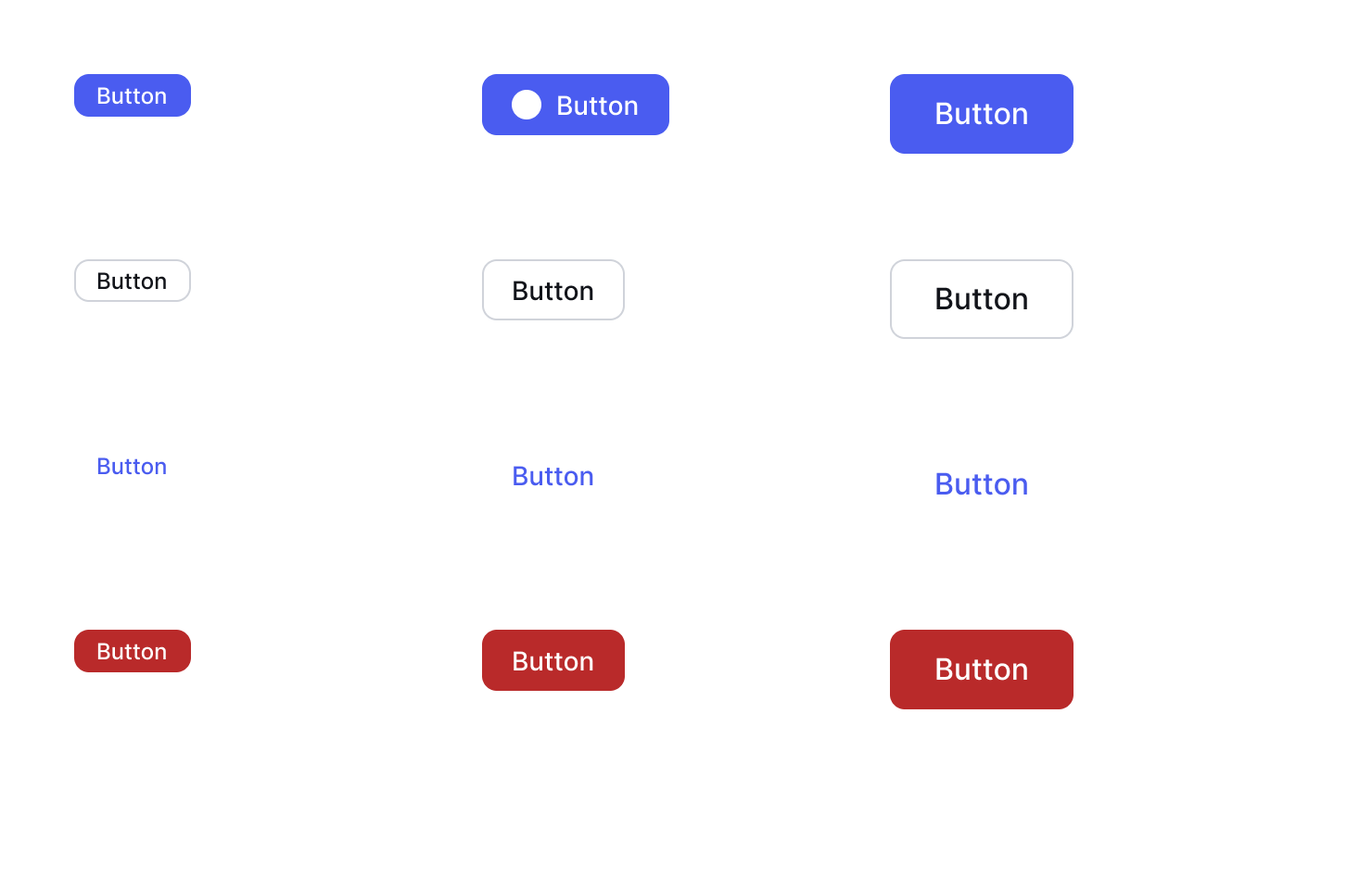 Rivet Button component set in Figma showing 12 variants across four styles and three sizes, each bound to semantic color tokens.