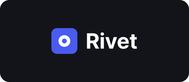 Rivet logo lockup reversed for dark backgrounds, white wordmark on ink.
