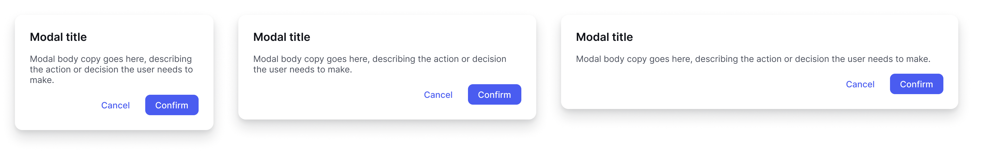 Rivet Modal component in Figma showing Small, Medium, and Large size variants with elevation styling bound to design tokens.